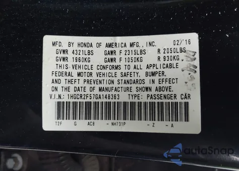 2016 Honda Accord Sport z USA, uszkodzony, nr VIN 1HGCR2F57GA148363